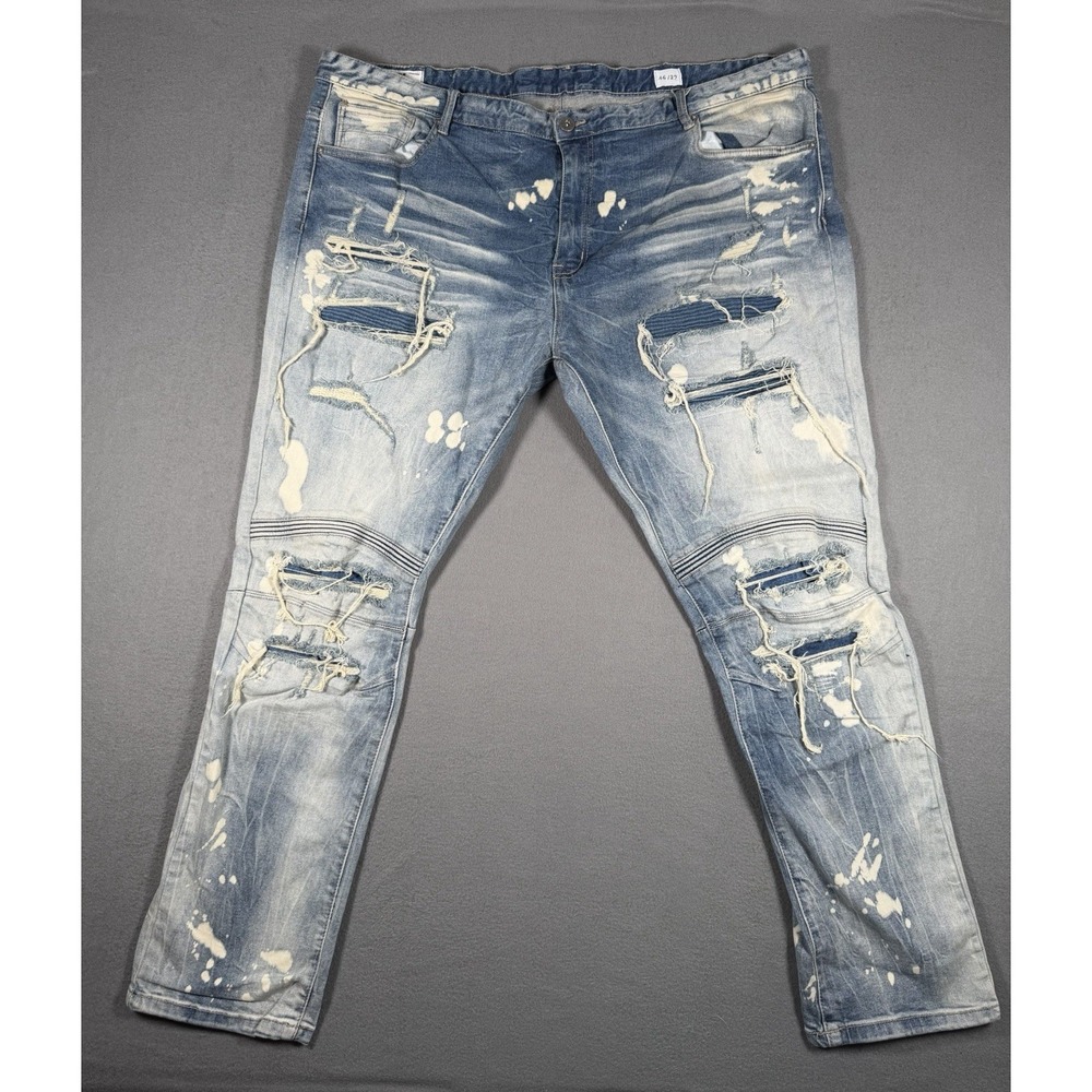 Smoke Rise Mens Distressed Moto Jeans 46x32 Blue Paint Splatter Streetwear